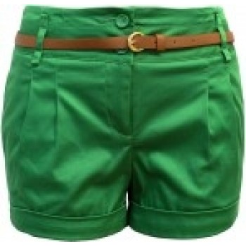 Green Folded Hem Belted Shorts with brown belt 